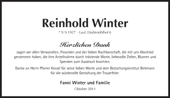 Traueranzeige von Reinhold Winter von Pegnitz-Zeitung